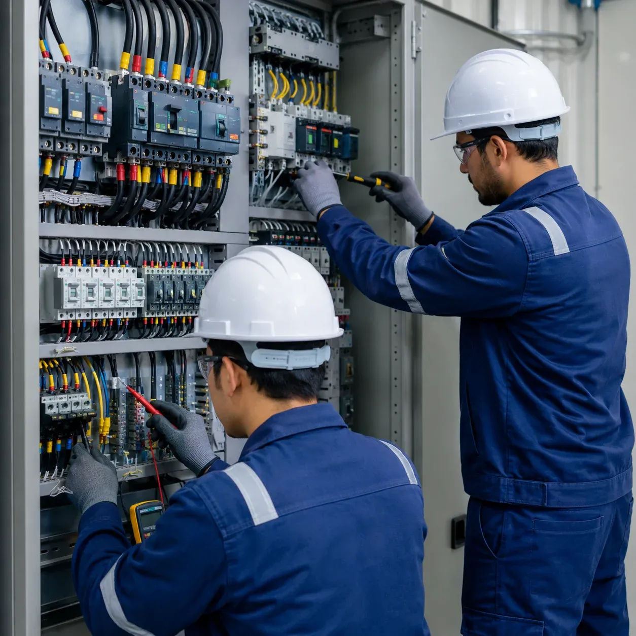 Equipo técnico trabajando en una instalación eléctrica