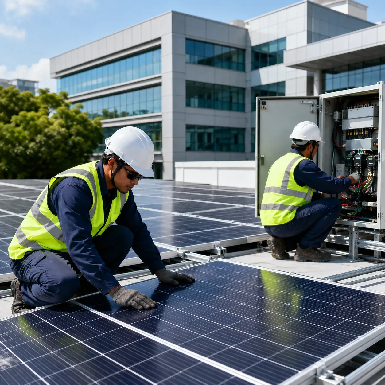 Técnicos trabajando en un panel eléctrico